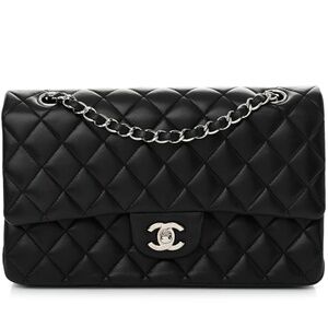 Authentic CHANEL Classic Double Flap Bag Jumbo Black Lamb Leather Silver Box
